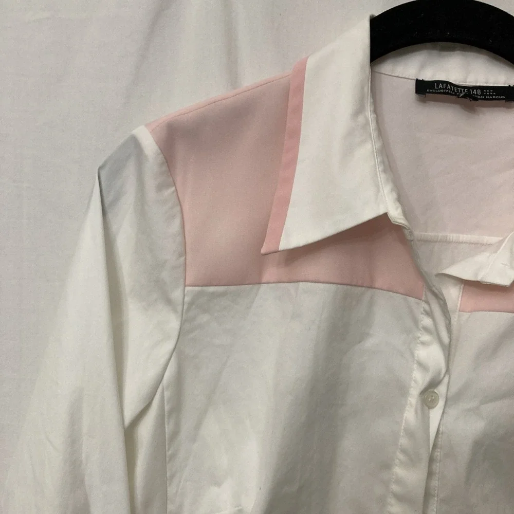 Lafayette‎ 148 White Long Sleeve Button-Up w/Pink Accents on Yoke & Wrist - SZ 8 - Picture 3 of 11
